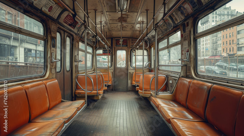 An old, empty subway car displays worn, dirty orange seats, a testament to its years of service, yet still providing a nostalgic charm amidst the urban hustle.
