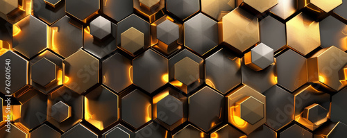 An abstract technological modern hexagonal background showcases a sleek combination of black chrome, gold colors, and highlights, exuding an air of sophistication and elegance in its design.