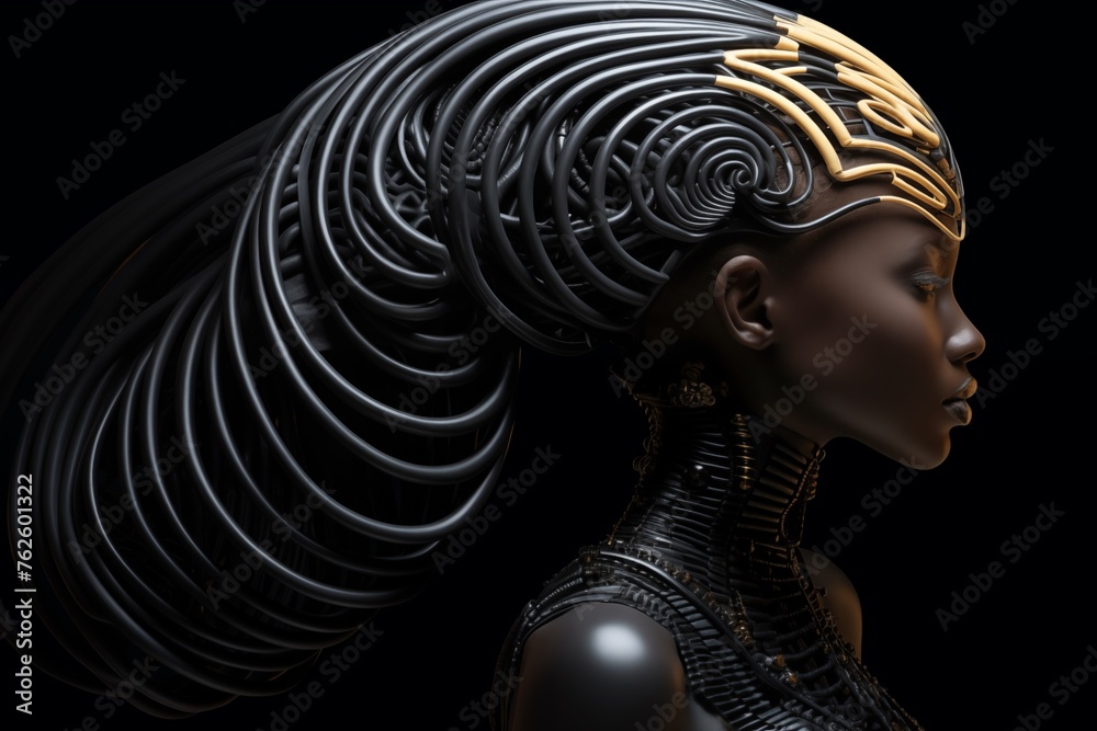 Majestic profile of a woman with elaborate black and gold headgear against a dark backdrop Majestic profile of a woman with elaborate black and gold headgear against a dark backdrop