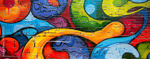 Vibrant abstract graffiti decorates a brick wall, forming a colorful and dynamic background.