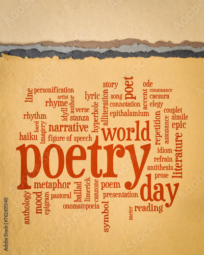 world poetry day - word cloud on art paper, vertical poster
