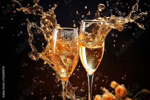 Champagne splashes. Event cork gold. Generate Ai