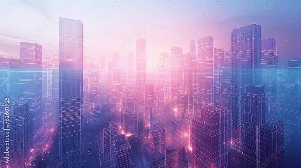 Abstract Futuristic digital cityscape with wireframe grid