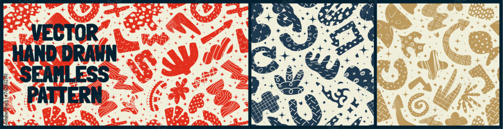 Seamless pattern with bizarre abstract geometric unusual shapes and forms with different textures in matisse style, Vector hand drawn naive wall art Seamless pattern with bizarre abstract geometric unusual shapes and forms with different textures in matisse style, Vector hand drawn naive wall art