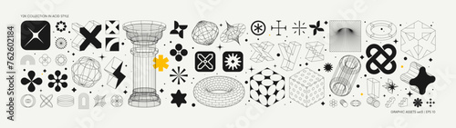 Vector graphic assets set in acid style, retro futuristic background with wireframe elements of different forms, bold modern shapes for design template, poster, clothes, stickers in Y2k style set 3 © max_776