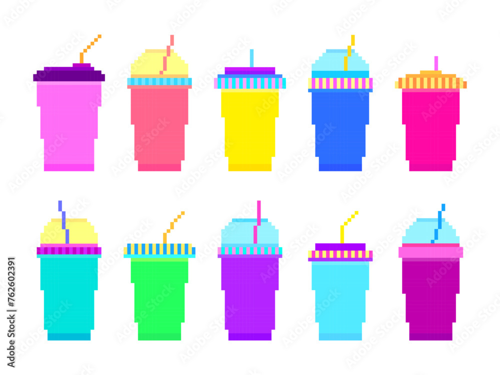 Plastic and paper cups in pixel art style isolated on a white background. Pixel icons of paper glasses with carbonated soft drinks. 8-bit smoothie glass with straw. Vector illustration