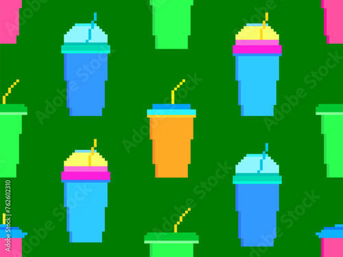 Seamless pattern with plastic or paper cups with straws in pixel art style. Pixel paper glasses for carbonated drinks. 8-bit smoothie glass with straw in retro video game style. Vector illustration