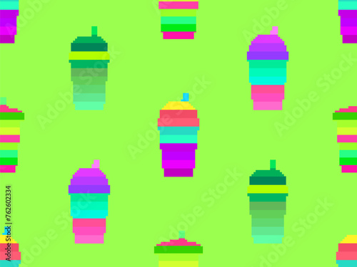 Seamless pattern with plastic or paper cups with straws in pixel art style. Pixel paper glasses for carbonated drinks. 8-bit smoothie glass with straw in retro video game style. Vector illustration