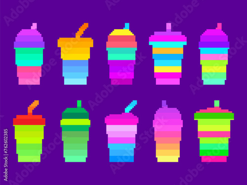 Plastic and paper cups in pixel art style. Pixel icons of paper glasses with carbonated soft drinks. 8-bit smoothie glass with straw in retro video game style. Vector illustration