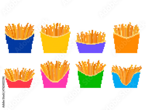 Pixel French fries icon set isolated on white background. Fast food, fried potatoes in pixel art style. Design of banners, posters and promotional products. Vector illustration