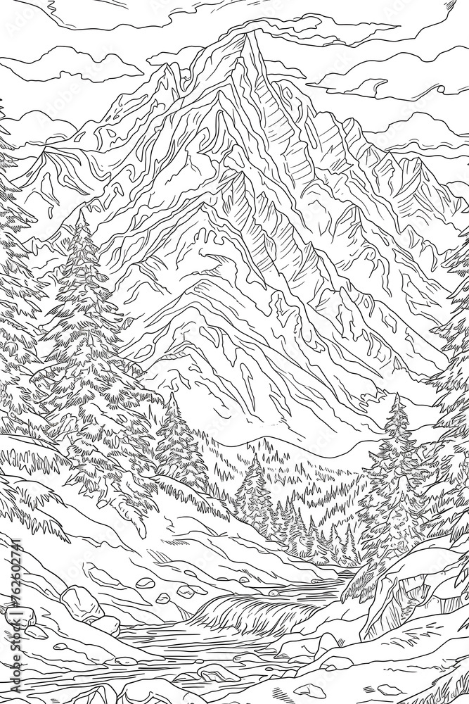 valley nature scene coloring page with intricate outline lines only