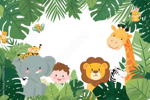 create a digital clipart frame of jungle baby animals and forest, white background, 4k