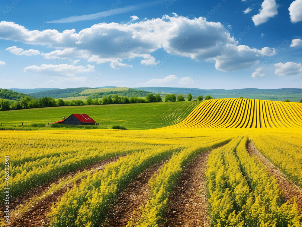 Vibrant Canola Field and Red Barn Landscape