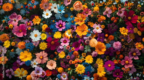 Bird's-eye perspective of a carpet of colorful wildflowers, blank areas for copy, strictly no textual content, logos, brand names, or alphabetic characters, 16k clarity, film-like depth photo