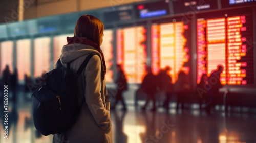 Young woman in international airport looks at the flight information board, holds her suitcase in her hand and checks her flight agenda