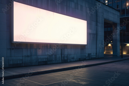 Perspective view on blank white illuminated rectangular billboard on modern building dark wall.