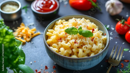 Macaroni and cheese with tomato sauce and herbs on a black background