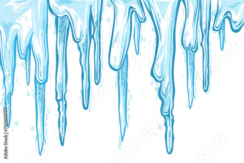 Melting icicles on white background.