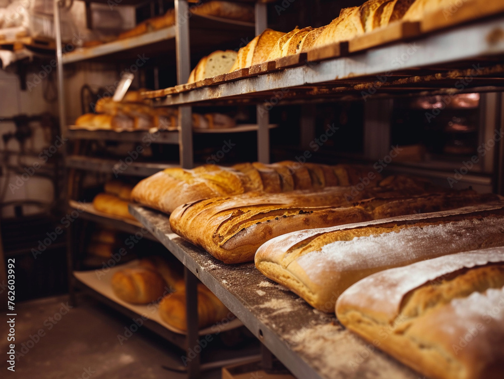 Bakery Racks Filled with Fresh Bread Loaves