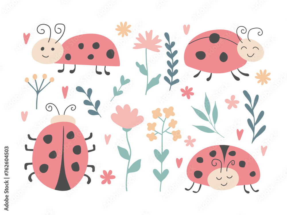 Ladybug and flowers plant collection. Flat design abstract funny characters and floral elements isolated on white. Wild life illustration. Cartoon children's kids summer natural set for design Ladybug and flowers plant collection. Flat design abstract funny characters and floral elements isolated on white. Wild life illustration. Cartoon children's kids summer natural set for design