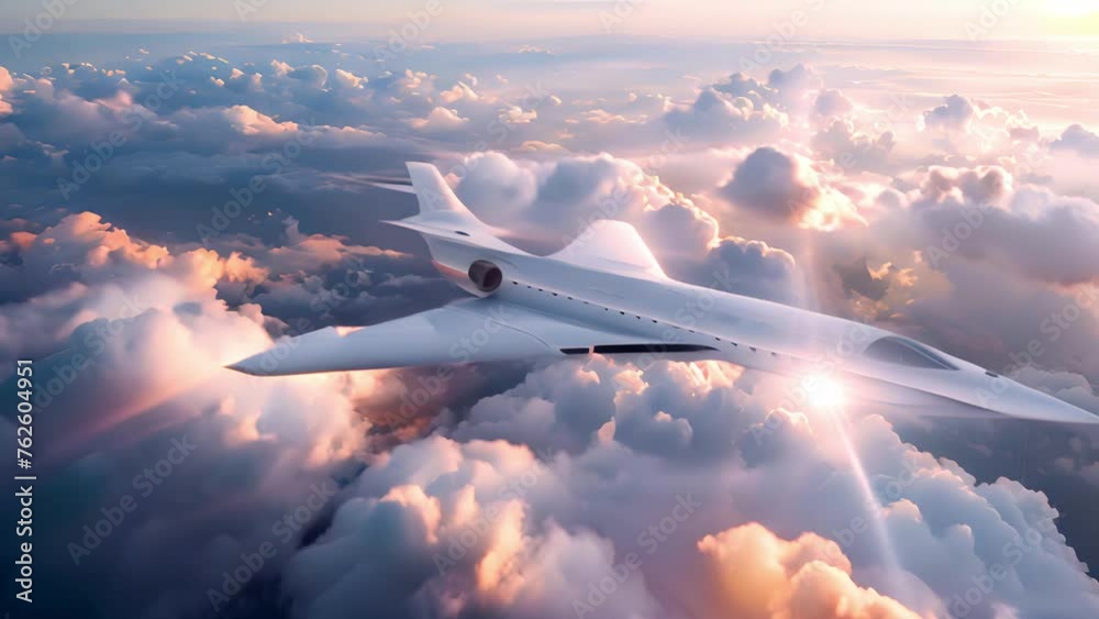 Supersonic Jet flies over Cloudscape, illuminated by soft glow of the sunset Supersonic Jet flies over Cloudscape, illuminated by soft glow of the sunset