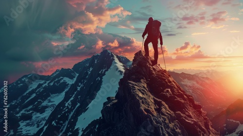 climber on top of a mountain at sunset
