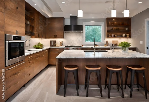 A contemporary kitchen design with a mix of materials  including wood cabinetry  marble countertops  and subway tile backsplash. 