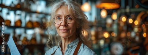 portrait of  middle-aged woman in her store on blurred background . small businesses concept.