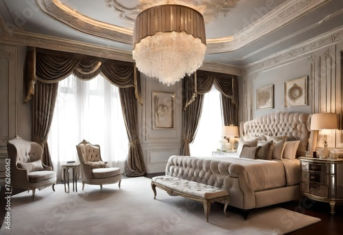 A lavish bedroom suite showcasing a canopy bed with a tufted velvet headboard, complemented by matching bedside tables and a plush area rug. 