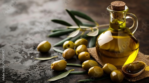 Glass bottle with natural olive oil and green olives on table
