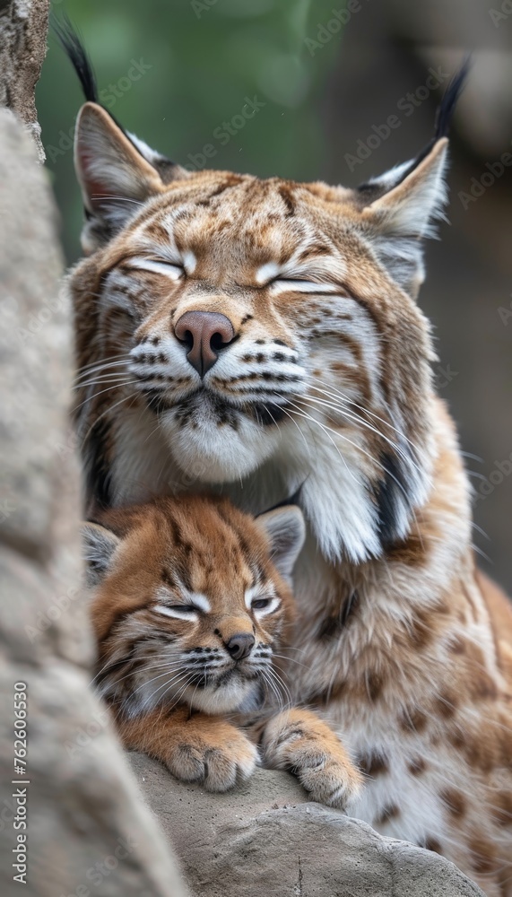 Male bobcat and bobcat kitten portrait with space for text, object on right side Male bobcat and bobcat kitten portrait with space for text, object on right side