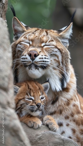 Male bobcat and bobcat kitten portrait with space for text, object on right side © Ilja