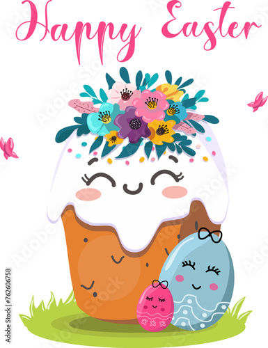 Vector illustration of Easter kulich set with wreath of flowers. On a light background for postcards, banners.