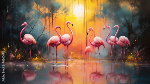 Group of flamingos, colorful abstract painting © NadiaArts