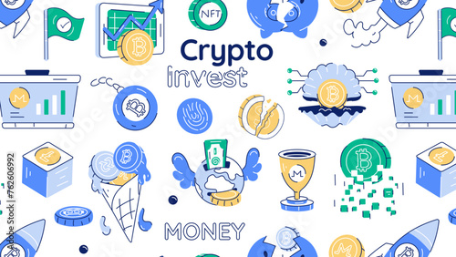 A doodle showcasing various elements of crypto investment and blockchain trends 