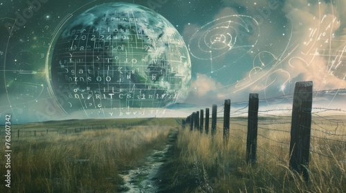 A field enclosed by a fence with a distant planet visible in the sky. The scene captures the vastness of the landscape against the cosmic backdrop.