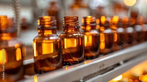 Pharmaceutical manufacturing glass bottles on automated conveyor line in production facility