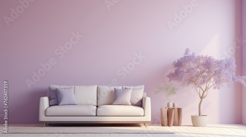 Generative AI Clean and serene room design with a pastel lavender wall  bare wall  a stylish cream-colored sofa  and a single bonsai tree. hyper realistic defused lights photorealistic interior