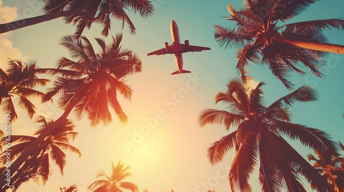 Airplane flying above palm trees in clear sunset sky © Катерина Гацула