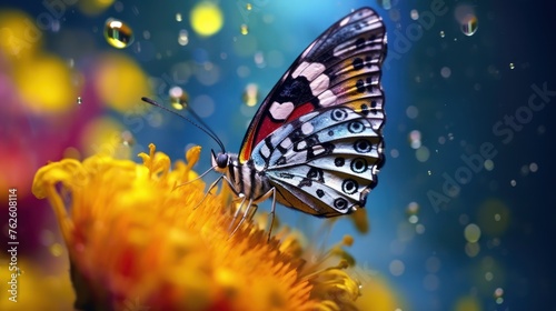 close up view of butterfly on the flower with water drops background © kucret