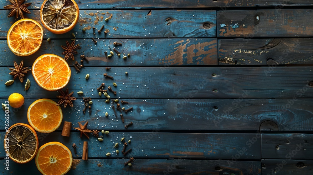 orange cinnamon spices on wooden table orange cinnamon spices on wooden table