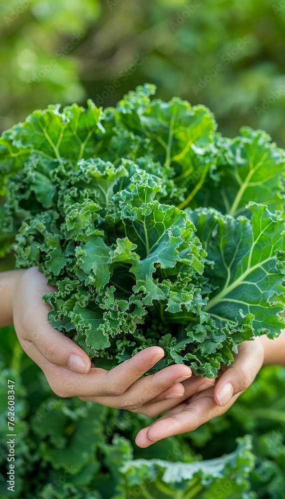 Fresh handpicked kale on blurred background, with copy space, nutritious kale selection Fresh handpicked kale on blurred background, with copy space, nutritious kale selection