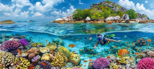 Woman snorkeling in azure waters at serene paradise island for tranquil experience