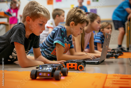 children in class learning programming robots on a science lesson