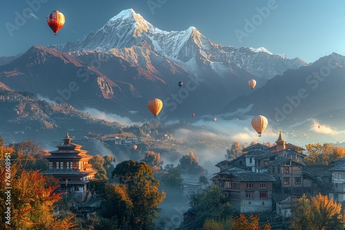 Hot air balloons floating over a misty mountain village at sunrise.