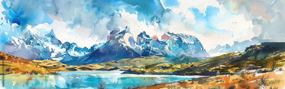 A watercolor painting depicting a majestic mountain range in the ...