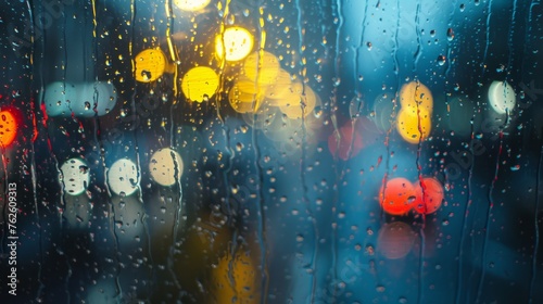 Rain streaks are visible on a window, with traffic lights in the background. The wet surface reflects the hues of the lights, creating a moody urban scene.
