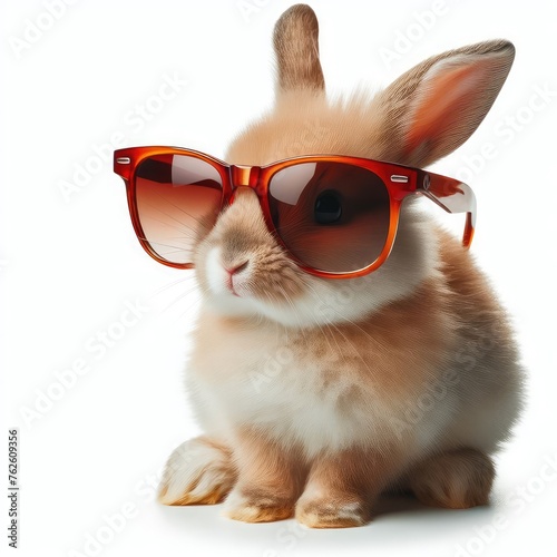 A cute rabbit wearing sunglasses isolated on a white background 