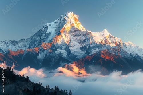 Snow-capped mountain bathed in golden sunlight  with a serene dawn sky.