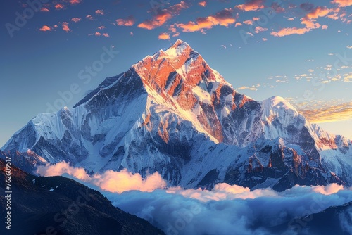 Snow-capped mountain bathed in golden sunlight  with a serene dawn sky.